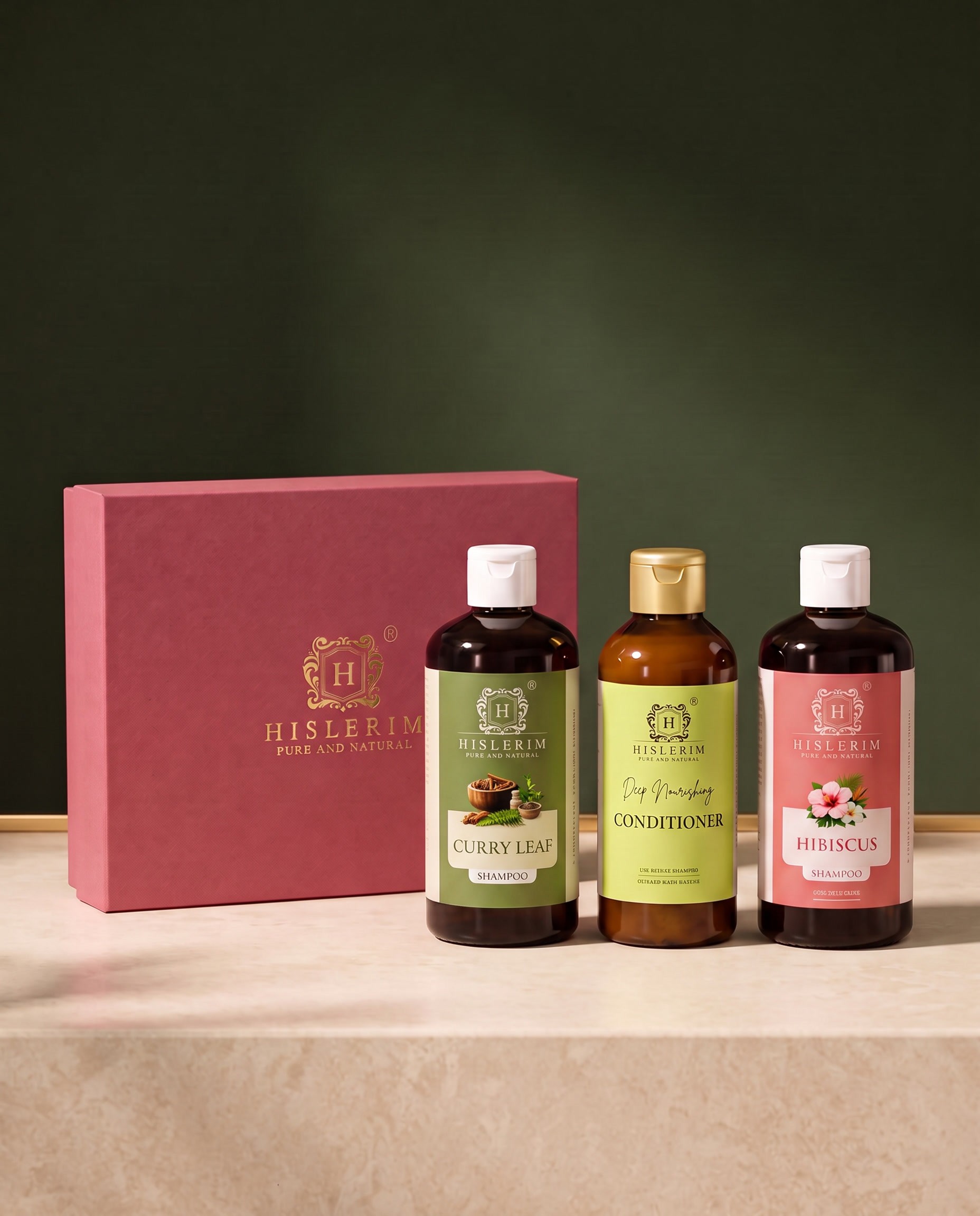 Daily Hair Care Trio Pack gift box containing Curry Leaf Shampoo (250 ml), Hibiscus Shampoo (250 ml), Deep Nourishing Conditioner (200 ml)